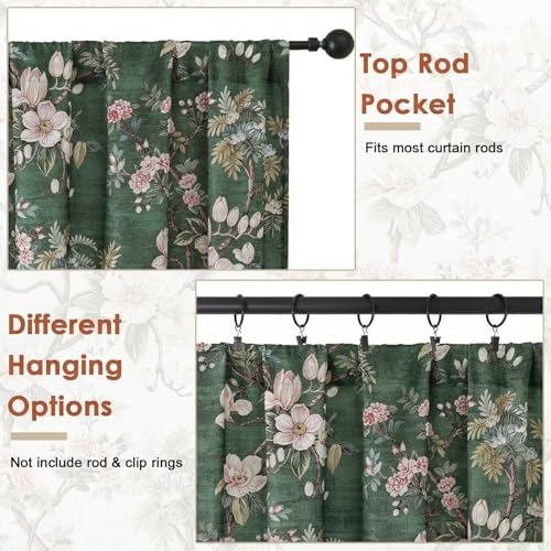 Aiyufeng Floral Tiers Curtains 24 Inch Length for Kitchen, Flower Patterned Soft Airy Light Filtering Country Style Rod Pocket Small Window Treatments Short Drapes, W30 X L24 Inch, Dark Green - color: Dark Green, size: 30"W x 24"L (Pack of 2)