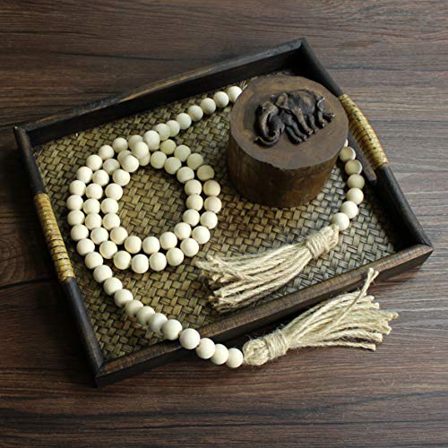 CVHOMEDECO. Wood Beads Garland with Tassels Farmhouse Rustic Wooden Prayer Bead String Wall Hanging Accent for Home Festival Decor. Natural - color: Natural