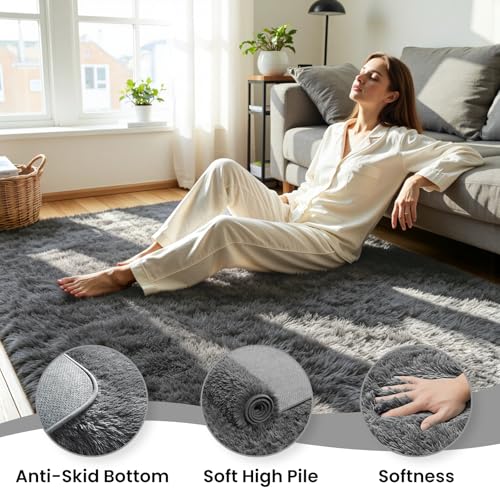 8x10 Fluffy Area Rug for Living Room: Soft Non-Slip Grey Bedroom Carpet - color: Grey, size: 8' x 10' (Rectangular)