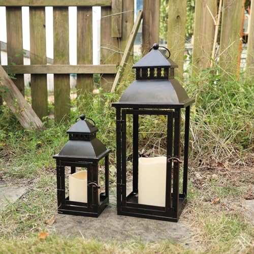 LED 랜턴 장식 야외 및 실내, 2개 세트 (43.2cm(17인치) 및 27.9cm(11인치)) 대형 블랙 메탈 랜턴 장식, 브론즈 브러시 포함, 현관, 파티오, 정원, 발코니, 웨딩 장식용 캔들 홀더(유리 없음) - color: 블랙 브러시 포함 / 43.2cm(17인치)+27.9