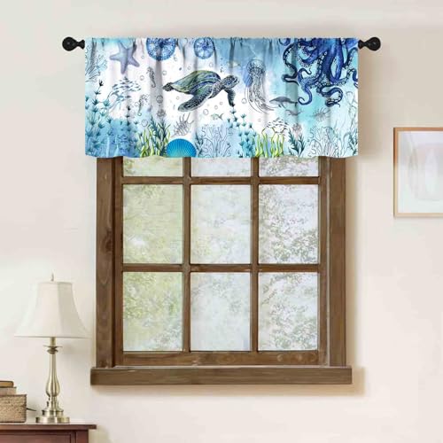 Sea Turtle Kitchen Valance,Nautical Blue Teal Ocean Fish Underwater Animal Seashell Jellyfish Coastal Theme Short Curtains for Cafe Bedroom Living Room Bathroom 1 Piece,54x18 Inch - color: Coastal-13