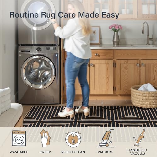Lahome Maze Lines Washable Kitchen Runner Rug, 2x8 Black Outdoor Runner Rug - color: Black Geometric, size: 2'6" x 8' (Runner)