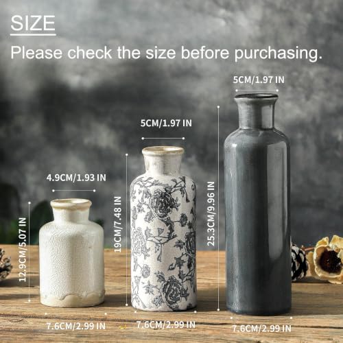 Ceramic Vintage Vase Set of 3, Vintage Flower Vases Home Decor Chinoiserie Decorative Retro Floral Vase Rustic Farmhouse Decor for Table Bookshelf Mantel Kitchen Living Room Office - Gray - color: 007 Vintage - Gray