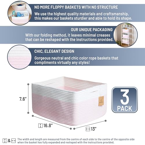 NaturalCozy Storage Baskets 16.8”x13”x7.6” Cotton Rope Woven Baskets for Organizing 3-Pack | Toy Storage Bins | Basket for Shelves, Laundry, Blanket, Clothes, Closet, Kitchen, Bathroom, Gifts - color: Off White & Mixed Pink