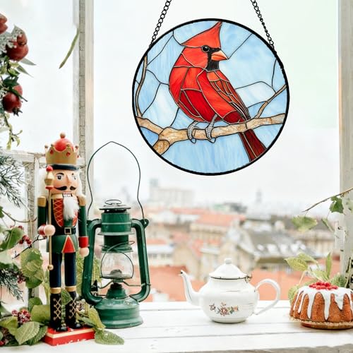 A Cardinal in The Tree Stained Glass Window Hanging Suncatcher Gifts 6.3" - color: Red, size: 6.3x6.3 IN