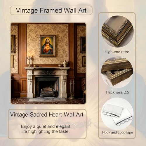 Vintage Framed Canvas Wall Art Sacred Heart of Jesus Paintings Pictures Wall Decor Christian Poster Printing Artwork for Living Room Bedroom Prayer Room Home Decoration 12x16 Inch Ready to Hang - color: Jesus, size: 12"L x 16"W