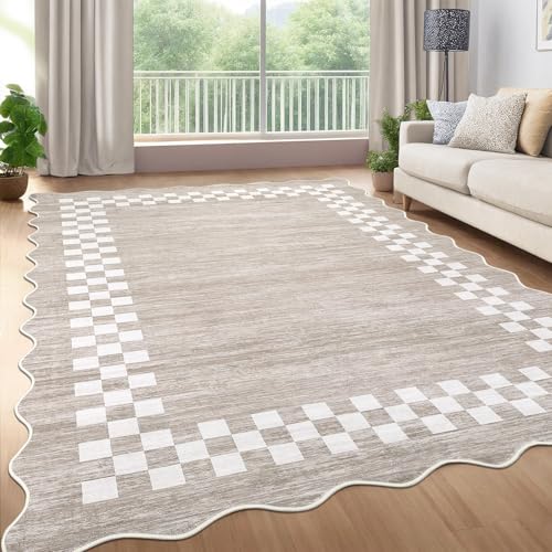GarveeHome Washable 10x13 Area Rug Large Living Room Scalloped Rug - color: Scalloped Fog/Ivory, size: 10' x 13' (Rectangular)