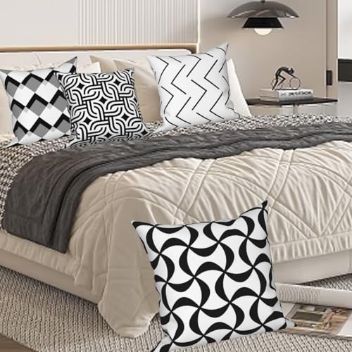 Black White Throw Pillow Cover 16"x16" Set of 4, Modern Art Irregular Geometric Stripes Patterns Cushion Cover for Sofa Chair Couch Bed Office Garden Patio Farmhouse Indoor Outdoor - color: Geometric 8, size: 16" x 16" (Pack of 4)