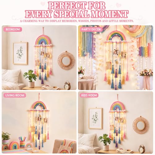 Rainbow Macrame Wall Decor Hanging Photo Display with Light Tassel