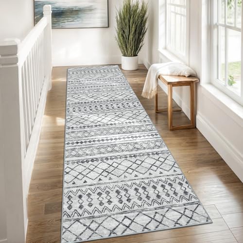 KUTA Moroccan Washable Runner Rug 2.6x8 Grey Boho Hallway Runners - color: Grey, size: 2'7" x 8' (Runner)