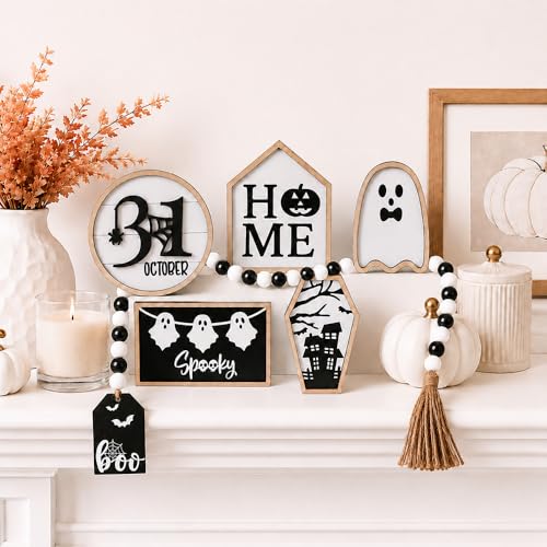 6Pcs Halloween Table Decoration Spooky Ghost Wooden Signs - color: Halloween Black Sign