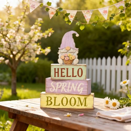 Spring Decoration Wooden Tiered Tray Decor – Rustic Hello Spring Bloom Gnome Stacked Block Sign with Flower Basket Topper – Farmhouse Tabletop Spring Decor for Living Room Shelf Kitchen Coffee Bar Seasonal Home Display - style: Gnome