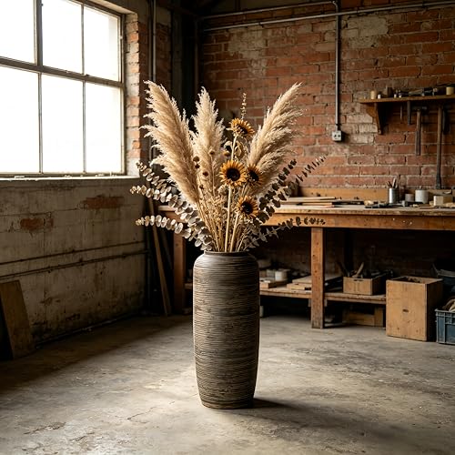 Brown Rustic Ceramic Floor Vase, 15.7 Inch, Ribbed Texture - size: 15.7 Inch