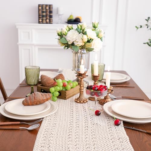 Simple&Opulence Boho Macrame 100% Cotton Table Runner - 12 x 72 Inch, Woven Farmhouse Table Runner with Fringed Edges for Bohemian Rustic Wedding, Bridal Shower, Dinner (Beige) - size: 12"x72", style: Cotton / Beige