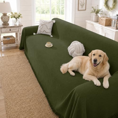 Chenille Couch Cover for Dogs Washable Boho Throw Blanket Washable - color: 01 Grass Green, size: 71"×91"