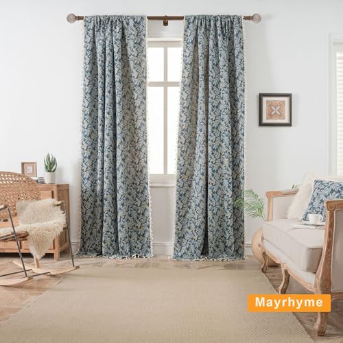 1-1/8 Inch Diameter Wood Curtain Rods for Windows 72 to 144 inch - Adjustable Seamless Aluminum Bracket - Heavy-Duty Boho Curtain Rods with Seaweed Finial - Dark Brown Wood Grain - color: Dark Brown Wood Grain, size: 72-144"