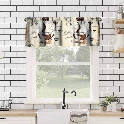 Coffee Valance Curtains, Retro Latte Cappuccino Cafe Beans Farmhouse Country Theme Print Window Treatment Valances for Kitchen Dinning Room Living Room Cafe, 54x18 Inch - color: Coffee-2, size: 53"W x 18"L (Pack of 1)