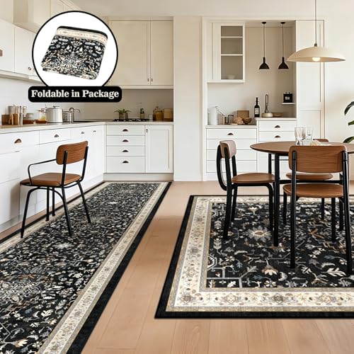 nesrt Boho Washable Area Rug 5x7, Black Vintage Geometric Low Pile Non-Slip Living Room Rug, Soft Faux Wool Bedroom Carpet for Dining Room Office Farmhouse Indoor Decor - color: Black, size: 5' x 7' (Rectangular)