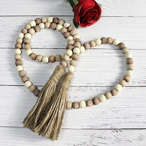 CVHOMEDECO. Wood Beads Garland with Tassels Farmhouse Rustic Wooden Prayer Bead String Wall Hanging Accent for Home Festival Decor. Mix Distressed - color: Mix Distressed