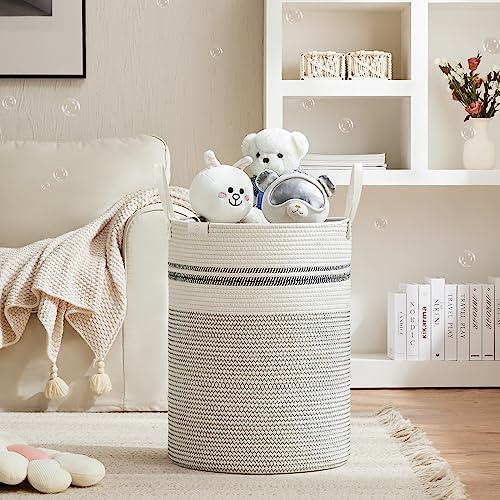 VIPOSCO 100L Tall Woven Rope Laundry Hamper, Leather Handles, Stripe White - color: Stripe White, size: 100L
