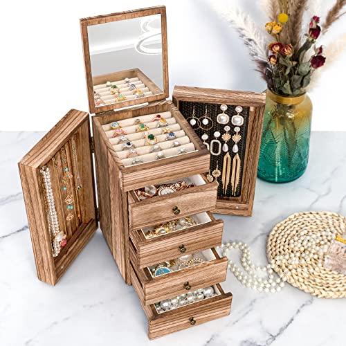 Meangood Jewelry Box Wood for Women, 5-Layer Large Organizer Box with Mirror & 4 Drawers for Rings, Earrings, Necklaces, Vintage Style, Torched Wood - color: Torched Wood, size: 4-Drawer