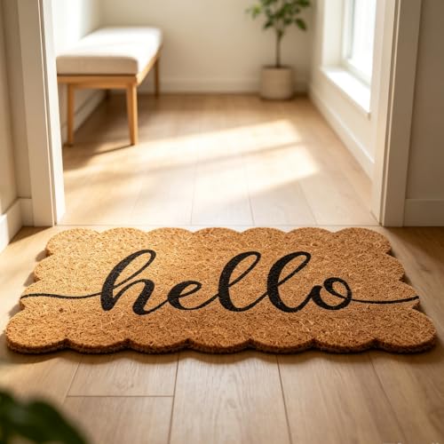 Whaline Scalloped Natural Coir Welcome Doormat, Hello, 16.5 x 29.1 Inch