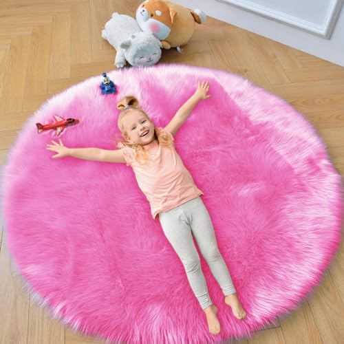 duduta Hot Pink Faux Fur Sheepskin Round Rug 4x4 ft, Fluffy Shag Circle Rug - color: Hot Pink, size: 4' x 4' (Round)