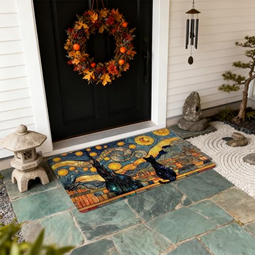 Funny Black Cat Front Door Mat Outside Entrance - Starry Night Decorative Door Mats for Indoor Outdoor Porch Inside Entryway, Welcome Mats Cute for Patio, Housewarming Gifts Idea for Cat Lovers - color: Doormat014