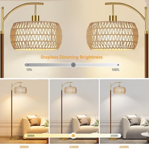 QIYIZM Boho Floor Lamp for Living Room,Bedroom,Rattan Standing Lamp with Remote Dimmable,Wood Vintage Mid Century Modern Gold Tall Lamp Wicker Lamp Shade Floor Lights Bohemian Tiffany Style - size: Floor Lamp--32