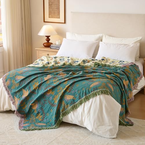 Boho Throw Blanket, 100% Soft Cotton Floral Quilt, Twin 60"x 80" - color: Spring Blue, size: Twin 60"x80"