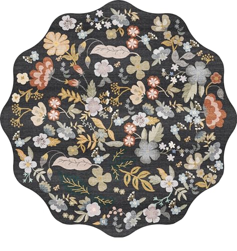 Washable Scalloped 4ft Round Rug: 4x4 Boho Floral Circle Area Rug Black - color: Black, size: 4' (Round)