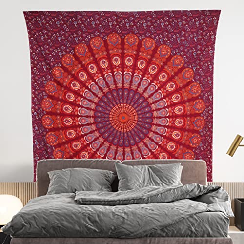 Bless International-Organic-Cotton-Blue-Red-Handmade-Mandala-Tapestry - color: Blue Red, size: 104"L x 88"W