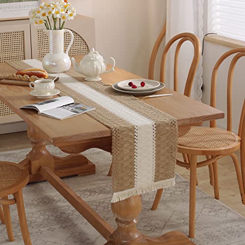 Boho Burlap Macrame Table Runner, Farmhouse Style Cotton Linen Rustic Woven Table Runner with Tassels for Dining, Wedding, Bridal Shower, Bohemian (12x108 inch, Off-White Stripe) - color: Off-white Stripe, size: 12x108 inch