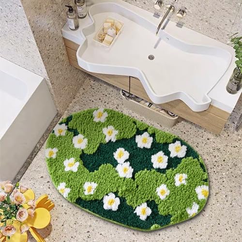 Cute Green Floral Bath Mat Microfiber Grass Bathroom Rug 20''W x 32''L Non Slip Washable, Modern Chic Boho Aesthetic Trendy Shaggy Bathroom Shower Floor Mat Absorbent - size: 20''W x 32''L
