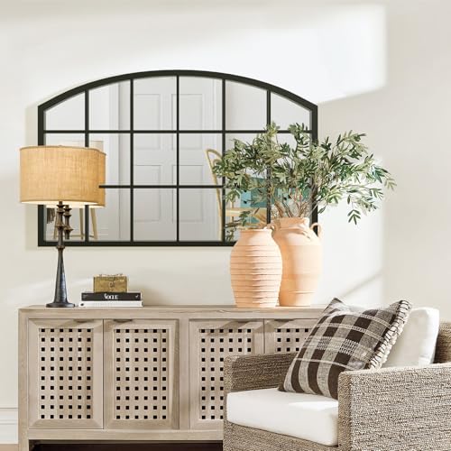 Black Windowpane Wall Mirror, 44" x 28" Arched Window Mirror - color: Black, size: 28"L x 44"W
