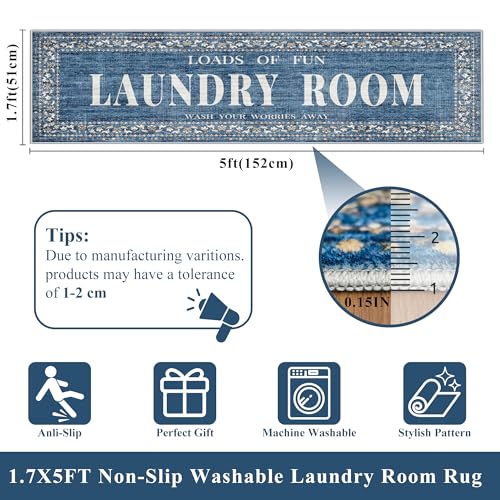 Non-Slip 20"x60" Laundry Room Rug: Washable Vintage Runner Rug for Bathroom Washroom Mudroom - Water Resistant Durable Laundry Floor Mat - Low-Pile Distressed Carpet for Pets Kids Family 1.7x5ft Blue - color: Blue, size: 1'8" x 5' (Rectangular)
