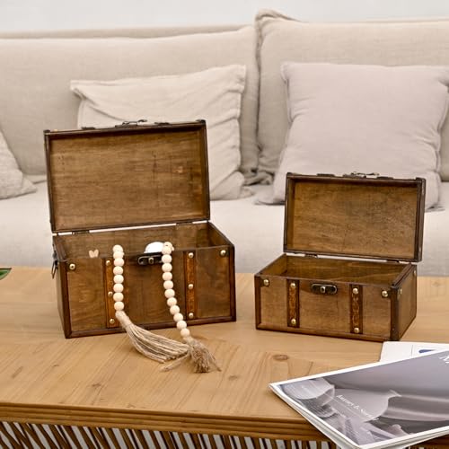 Decorative Vintage Wooden Storage Trunk Set of 2 with Antique Finish - color: Brown, size: 8.3" x 10.2"