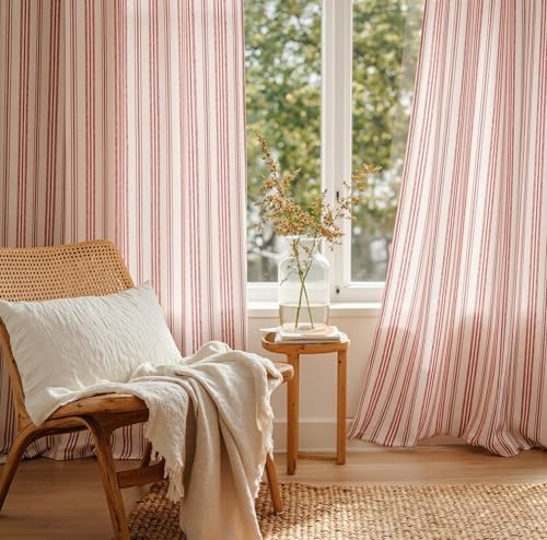 MYSKY HOME Red Striped Linen Curtains for Girls Bedroom 96 Inches 2 Panels - color: B-red, size: 52"W x 96"L (Pack of 2)