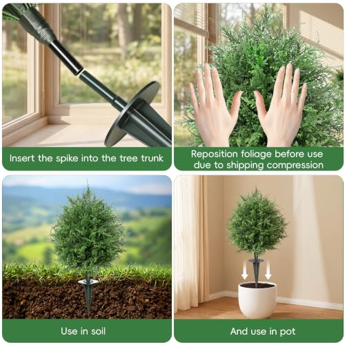 20" Artificial Cedar shrubs for Front Porch,Faux Cedar Ball Trees for Outdoors with Ground Spike,UV Resistant Faux Cypress Tree Plants for Indoor Outdoor Decor - size: 1ft 8in