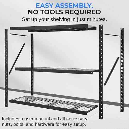 SereneLife Heavy Duty 3-Tier Metal Garage Shelving | 24" x 77" x 72" Extra Wide Adjustable Storage Utility | Freestanding Bulk Storage Rack | Open Wire Mesh Design | 2000 lbs. Capacity