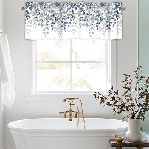 Dark Blue Eucalyptus Leaves Valances for Windows 2 Panels, 42x12 in - color: Eucalyptus Leaves-dark Blue, size: 42"W x 12"L (Pack of 2)