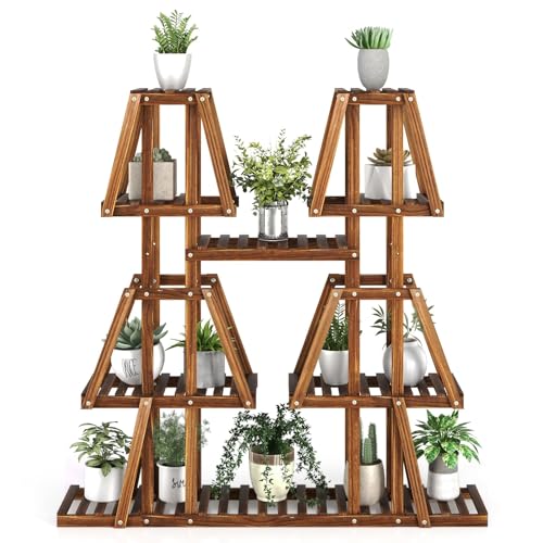 GIANTEX Plant Stand Indoor, 5-Tier Wooden Trapezoid Plant Holder Rack for Multiple Plants, Carbonized Pine Wood, Indoor Outdoor Flowerpot Holder Display Shelf for Living Room Balcony Patio Porch