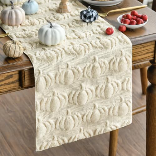 Artoid Mode Beige Soft Faux Fur Pumpkins Fall Table Runner 13x90 Inch - color: Beige, size: 13" x 90", Table Runner
