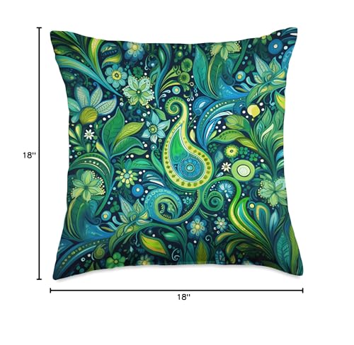 Green Blue Paisley Floral Leaf Pattern Throw Pillow - size: 18x18