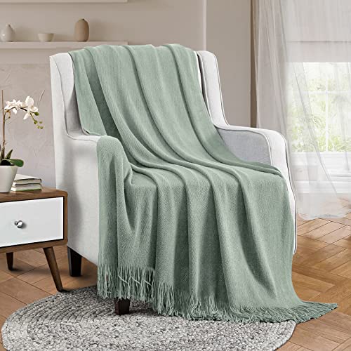 Vonty Sage Green Knitted Throw Blanket with Tassels Fringe, 60x80 Acrylic - color: Sage Green, size: 60" x 80"