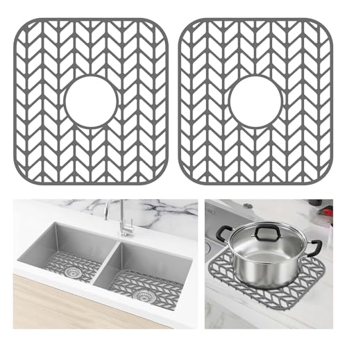 AWOKE Silicone Sink Protectors for Kitchen Sink, 12" x 11" Mat for bottom of sink, Center Drain Hole, Protect from Stains, Scratches, Dishwasher Safe Grid for Kitchen (2 Pack, Gray) - size: 12.25 x 11.5 2PCS Center Drain