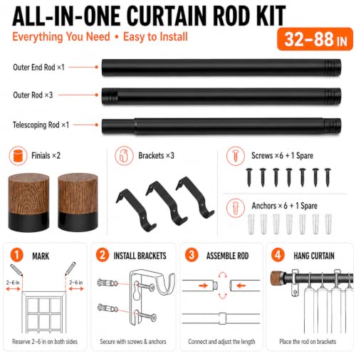 1 Pack Boho Rustic Adjustable Wood Curtain Rod 32-88 Inch, Black - color: Black, size: 32"-88"|1 PACK
