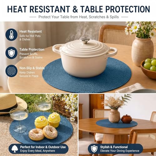 FunWheat Round Braided Placemats Set of 4 Table Mats for Dining Tables Woven Washable Non-Slip Place mats 15inch (Blue, 4pcs) - color: Blue, size: Set of 4