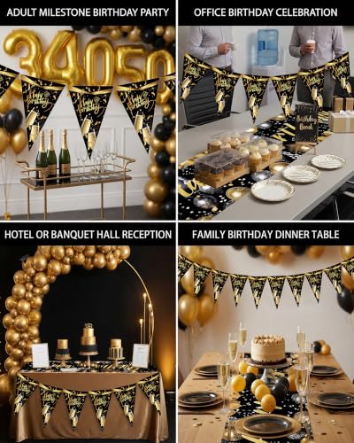 Happy Birthday Table Runner Set, 2 Banners, Black Gold, 13 x 72 in - color: Black Suit