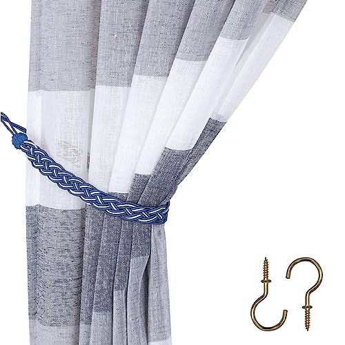 Home Queen Hand Braided Curtain Tie Back, Buckle Holdback Drapery Curtain Tiebacks, 6 Rope Belt Curtain Tie with 6 Metal Hooks, Navy and Silver - color: Navy+silver, size: 6 Pack